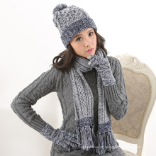 Fornecimento de fábrica de lã de inverno mulheres ordem personalizada de malha chapéu luva cachecol set